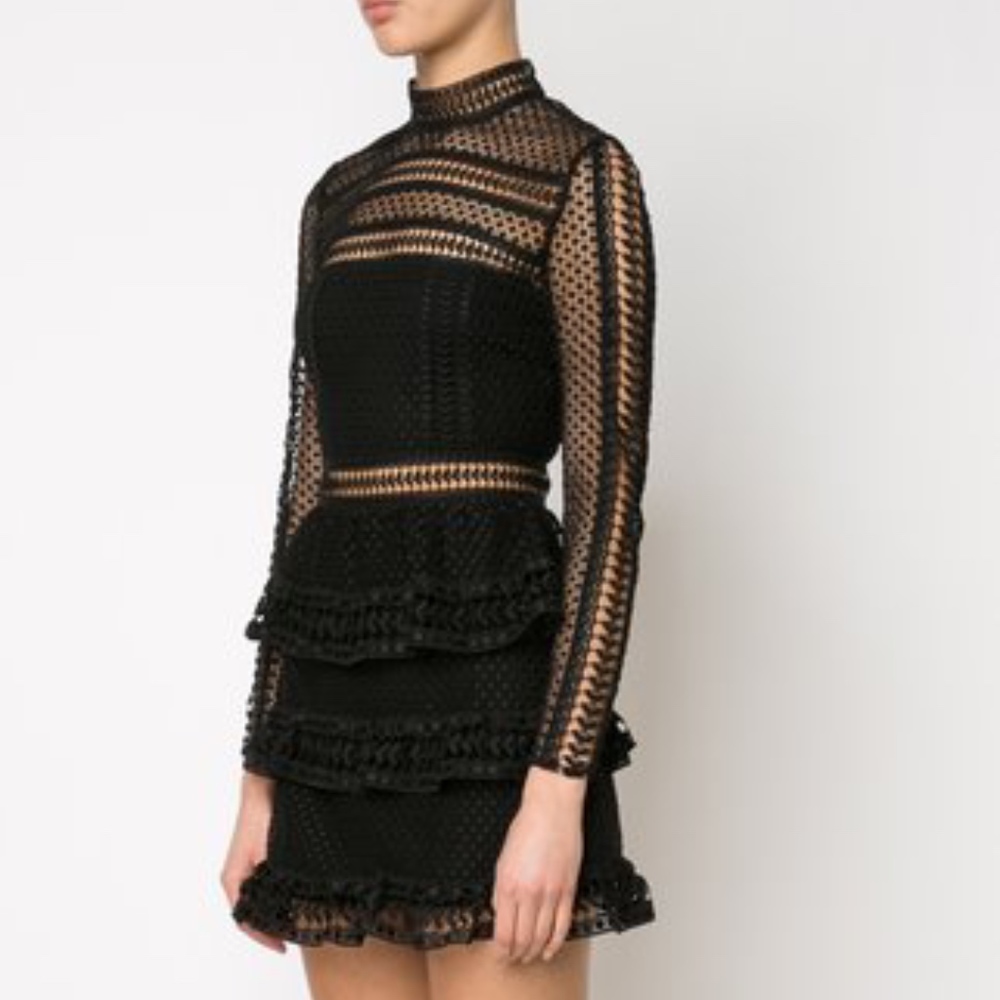 Self Portrait Black Guipure Lace High Neck Dress